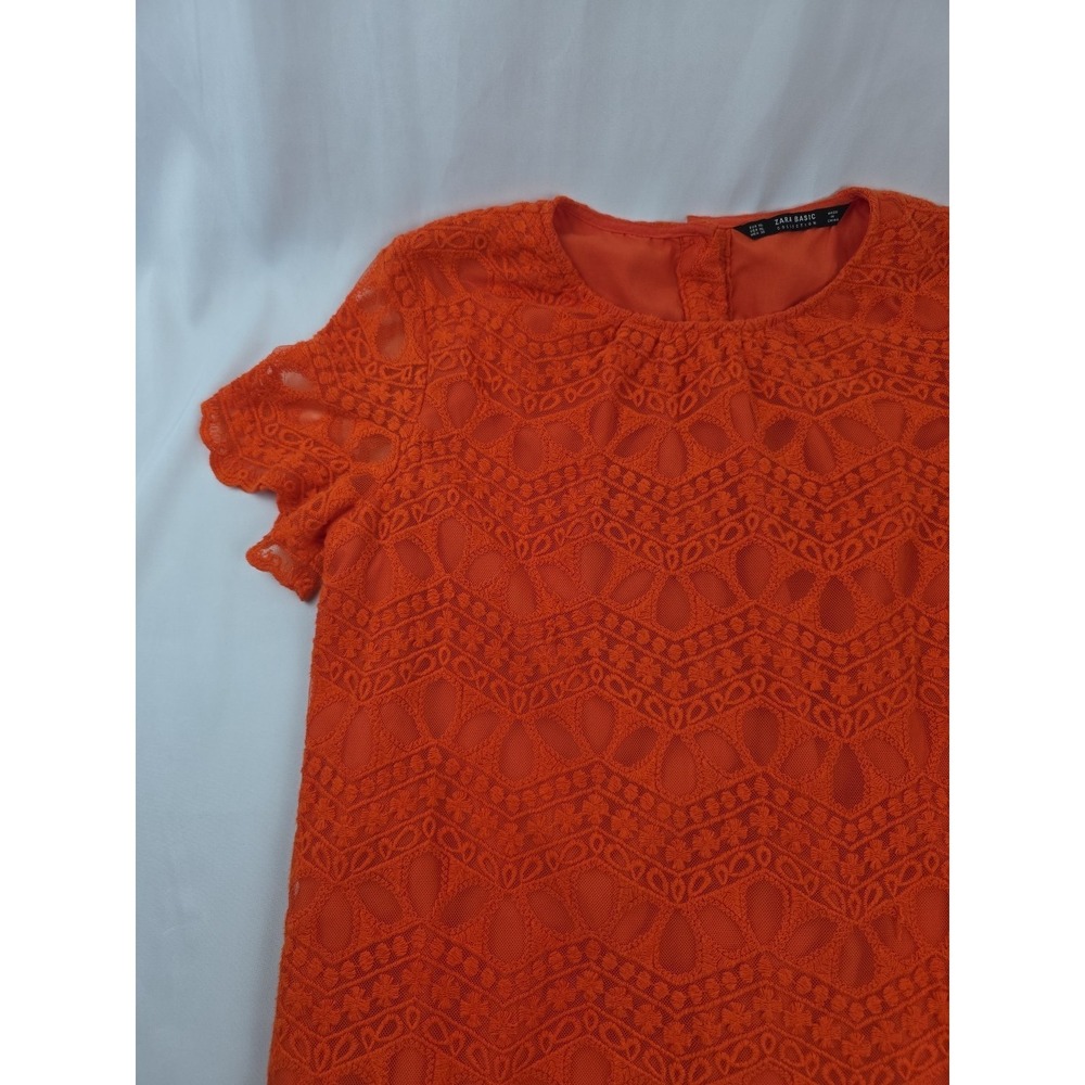 ZARA Bright Orange Crochet Lace Short Sleeve Sheath Dress Size XL - Picture 2 of 15